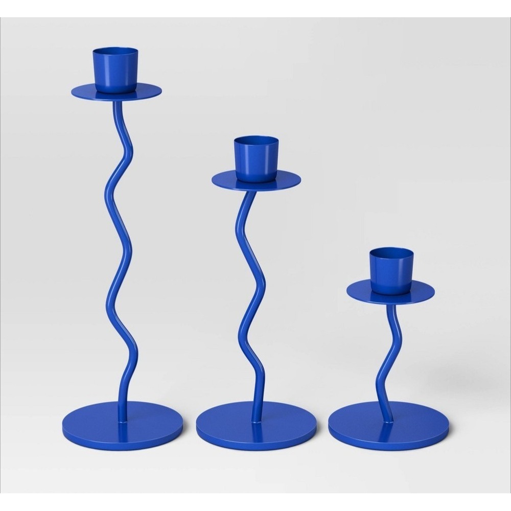Room Essentials 3-Piece Blue Taper Candleholder Set Modern Wavy Metal